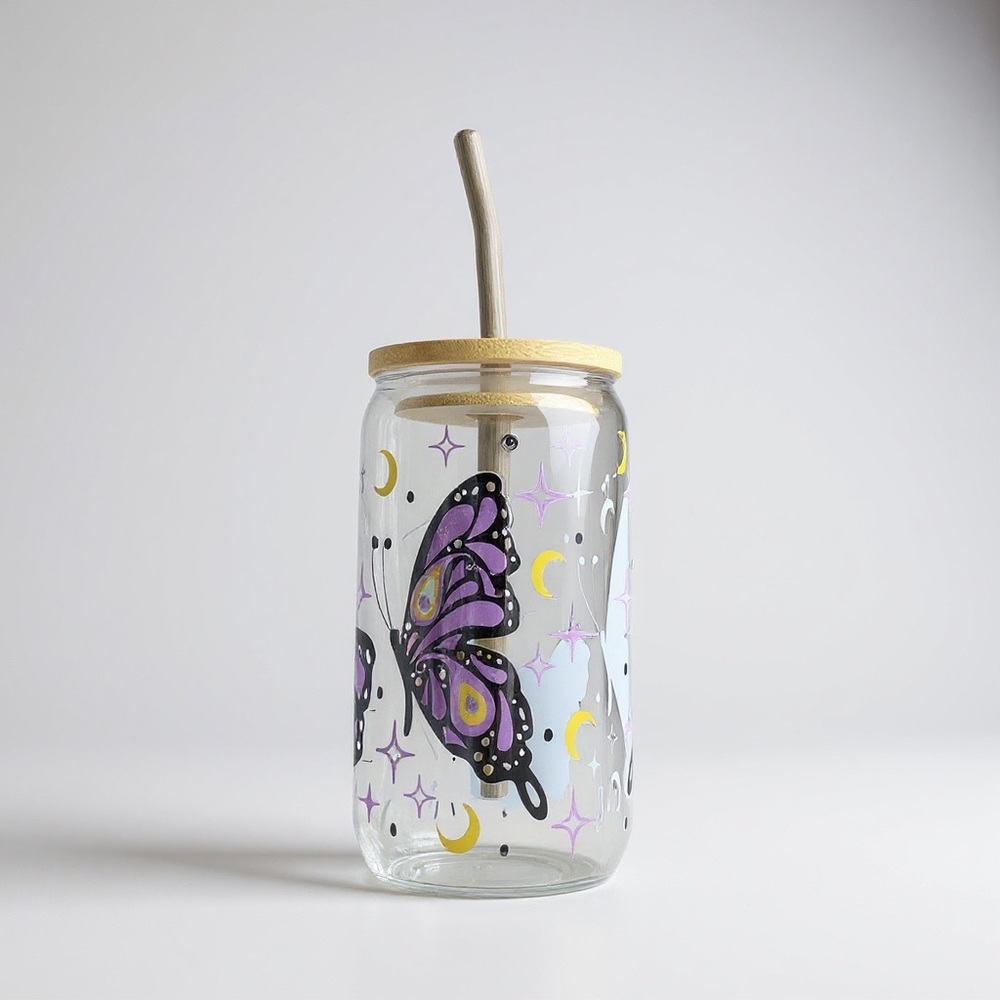 Mystical Eye and Butterfly Glass Tumbler with Straw - Purple and Gold - Picture 2 of 2